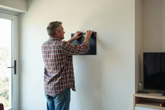 Homme installant un support TV sur un mur en plâtre