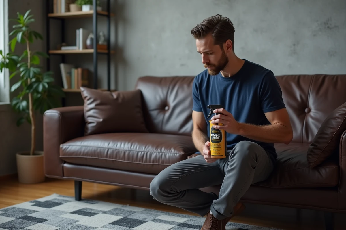 Homme lisant les instructions d'un nettoyant canapé cuir avant application sur un canapé brun dans un appartement