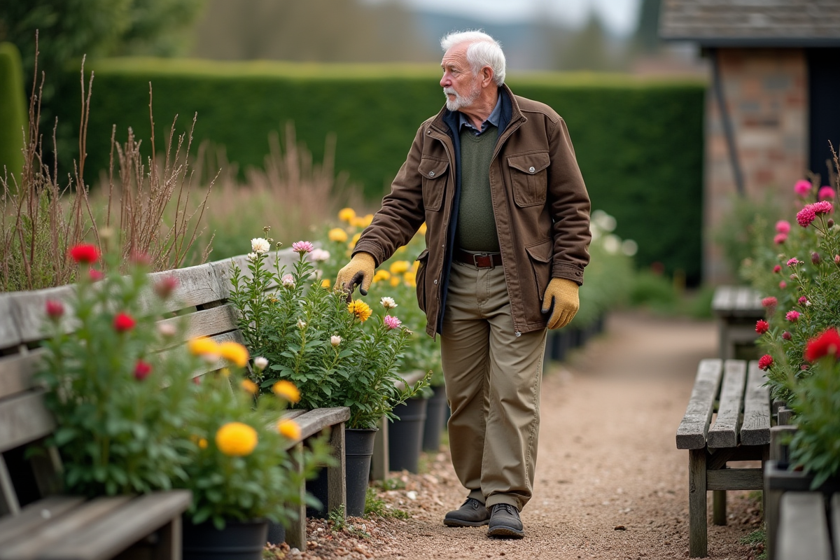 Homme choisissant des arbustes fleuris dans une pépinière extérieure