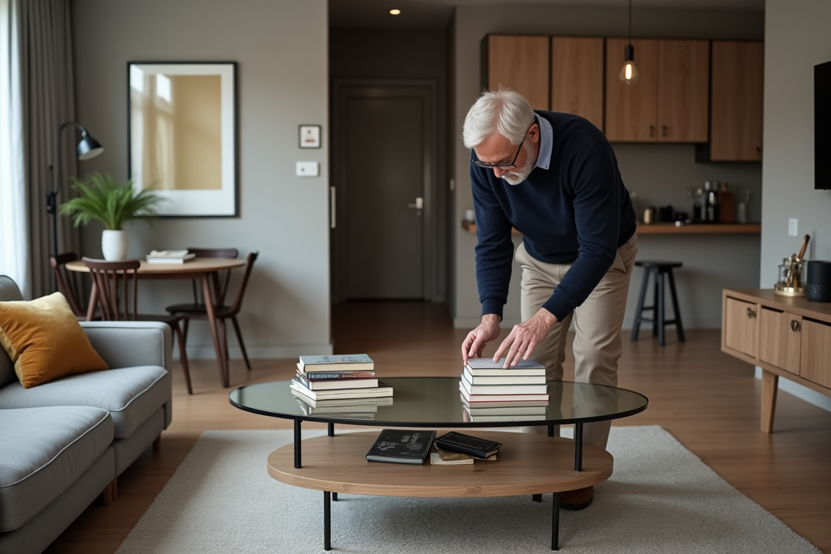 Homme arrangeant des livres dans un studio organisé