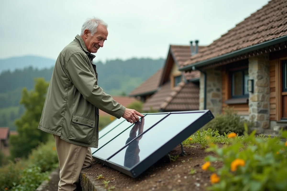 Homme inspectant un panneau solaire sur un toit vert