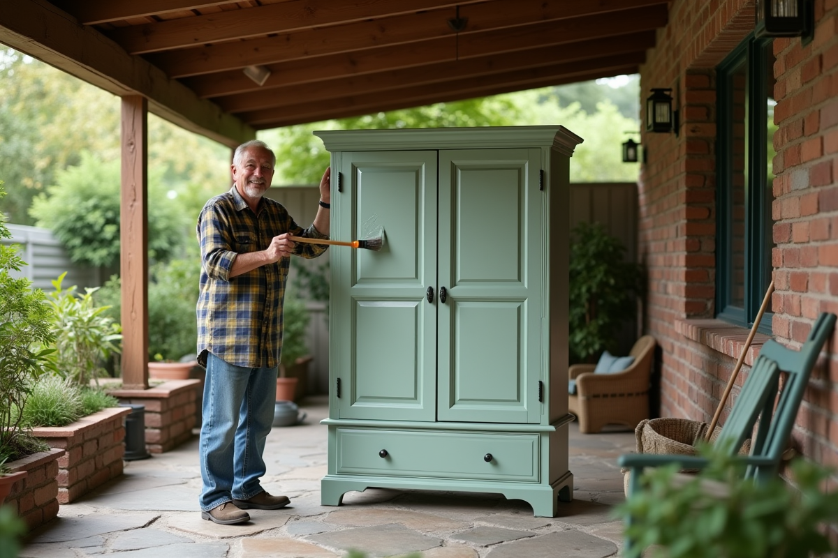 Homme âgé peignant un armoire en vert dans un patio extérieur