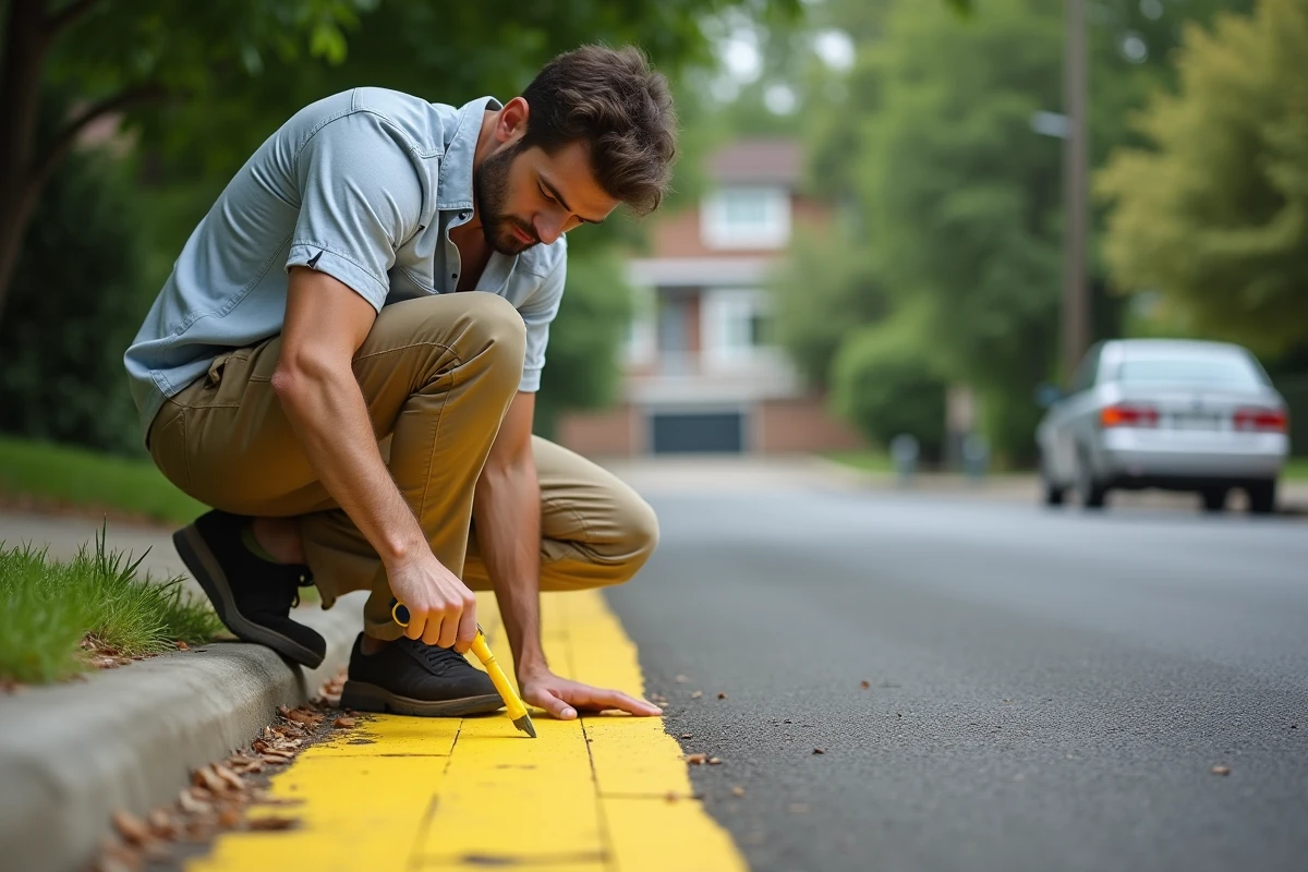 Jeune homme en chemise peignant une ligne jaune sur le trottoir