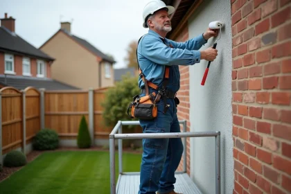 Homme en tenue de travail sur &eacute;chafaudage en train de peindre une maison