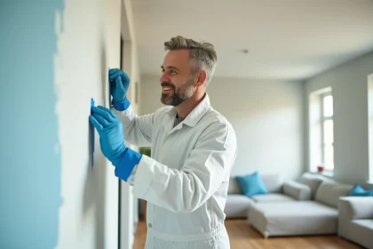 Hommes en combinaison de peinture retirant du ruban adh&eacute;sif sur un mur int&eacute;rieur