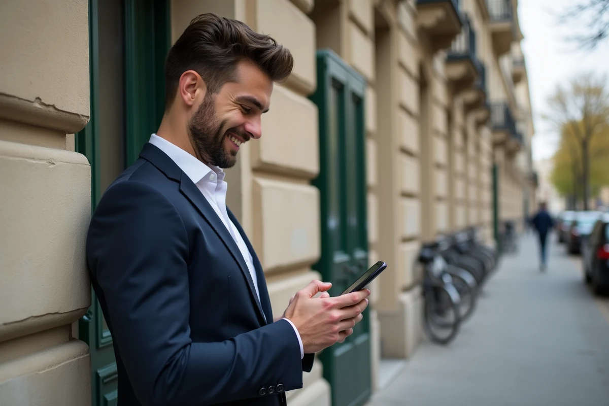 Jeune homme propriétaire vérifiant son application immobilière devant un immeuble parisien