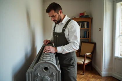 Homme en overalls tenant un radiateur en fonte dans un salon chaleureux