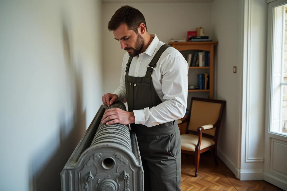 Homme en overalls tenant un radiateur en fonte dans un salon chaleureux