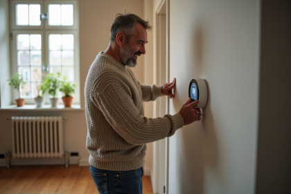 Homme d'âge moyen réglant un thermostat programmable dans un salon moderne