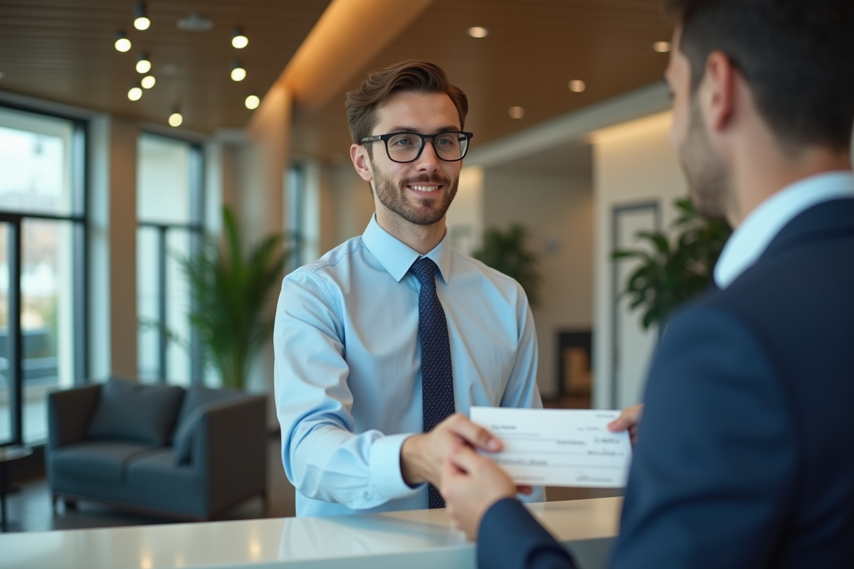 Jeune homme en costume remettant un chèque au bureau