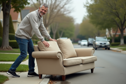 Homme souriant soulevant un vieux canapé beige dans la rue