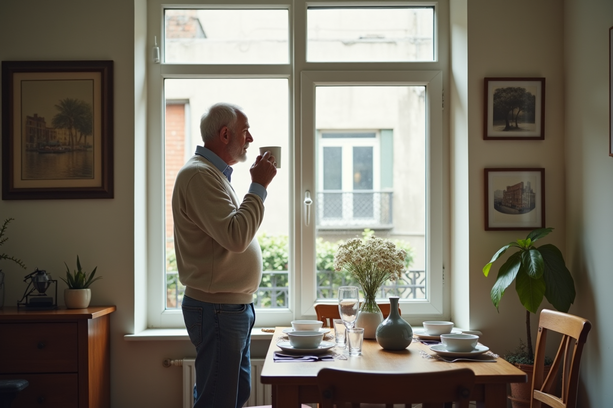 Homme retraité regardant par la fenêtre dans une salle à manger