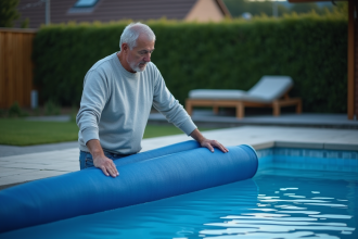 Homme d'âge moyen manipulant une couverture solaire sur la piscine