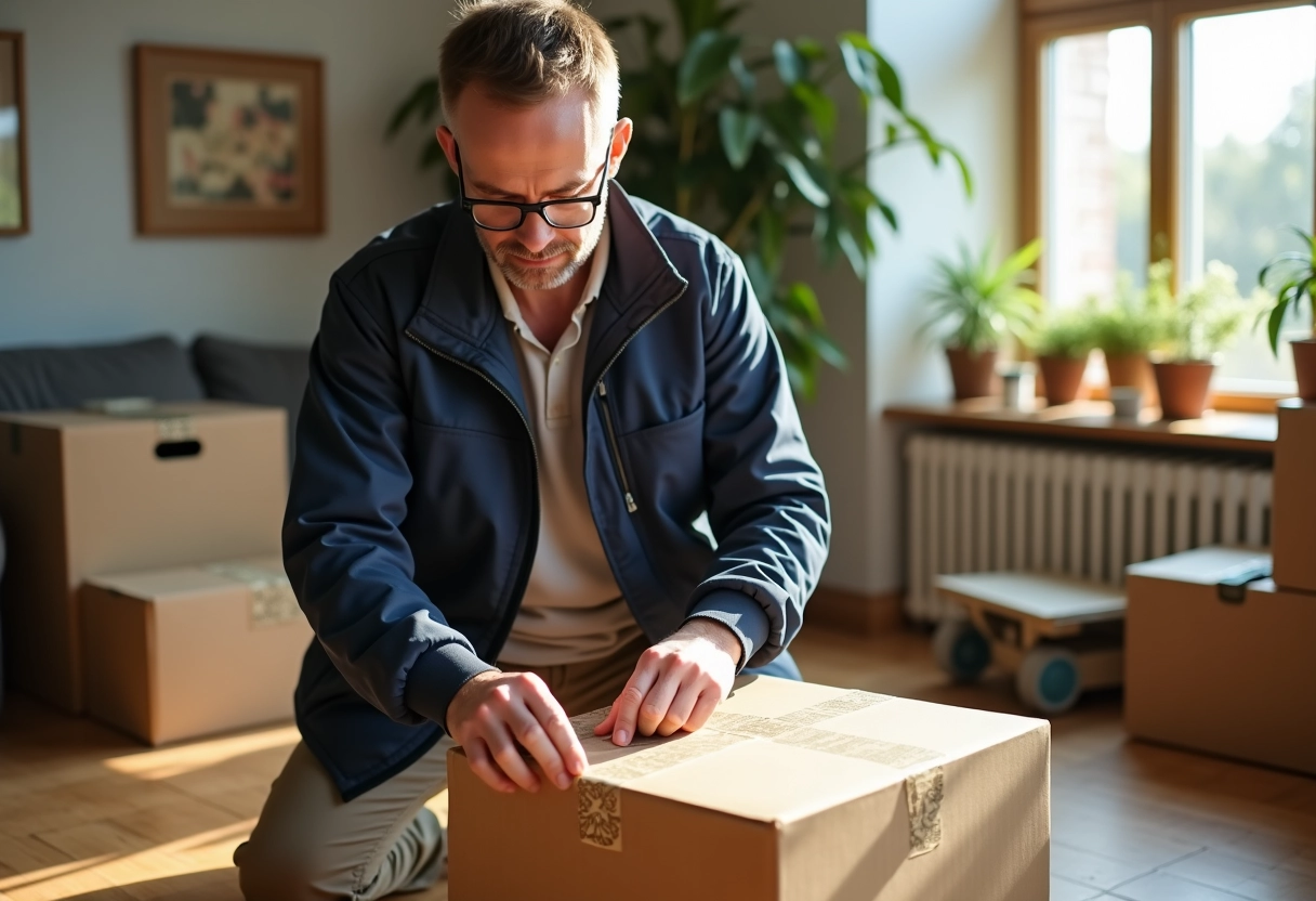 Homme scellant une boîte en carton recyclé dans un intérieur chaleureux