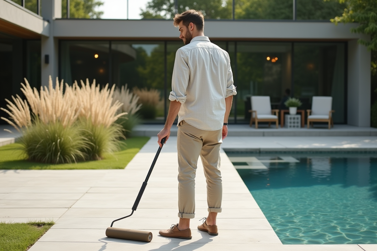 Homme appliquant un scellant sur le béton de la piscine
