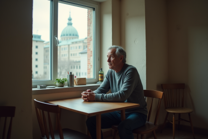 Homme d'âge moyen seul à la cuisine contemplative