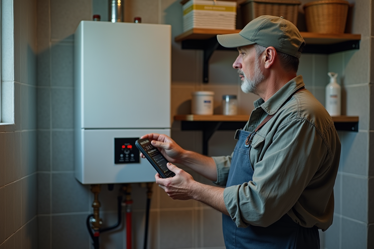 Homme d'âge moyen examinant une thermopompe moderne dans un local pratique