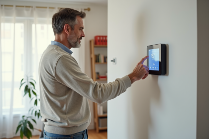 Homme d'âge moyen interagissant avec un thermostat intelligent dans un salon moderne
