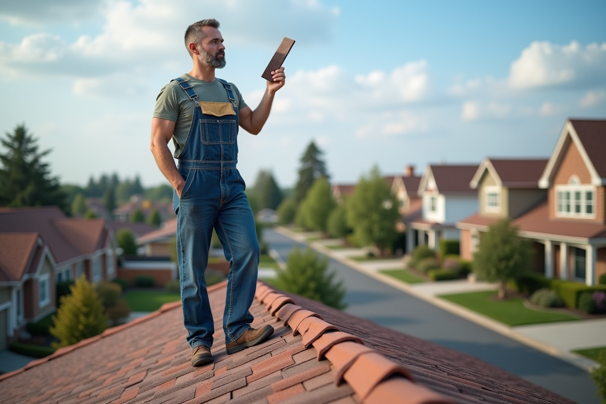 Homme en overalls sur un toit résidentiel avec échantillon de bardeaux
