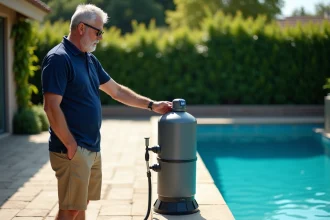 Homme vérifiant le système de filtration de la piscine