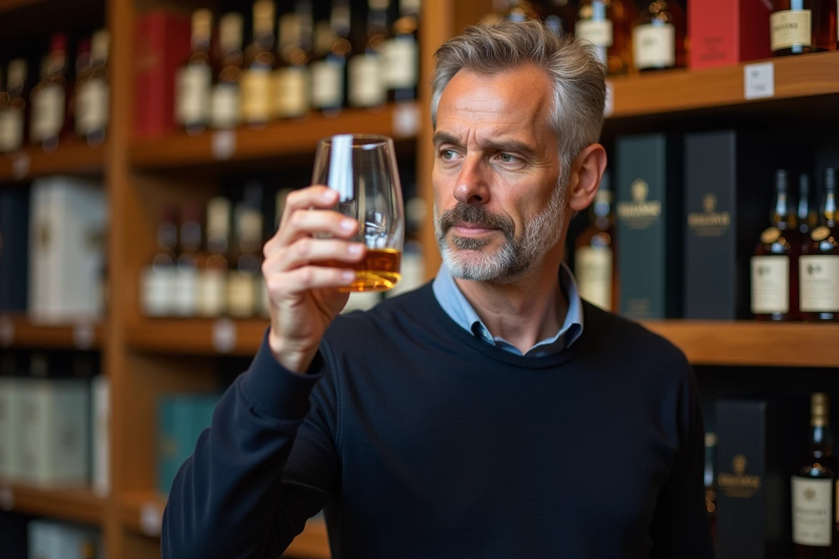 Homme examinant un verre à whisky en cristal dans une boutique spécialisée avec des coffrets en arrière-plan