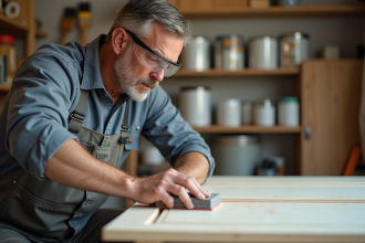 Homme en tenue de travail ponçant une porte en bois avec une cale