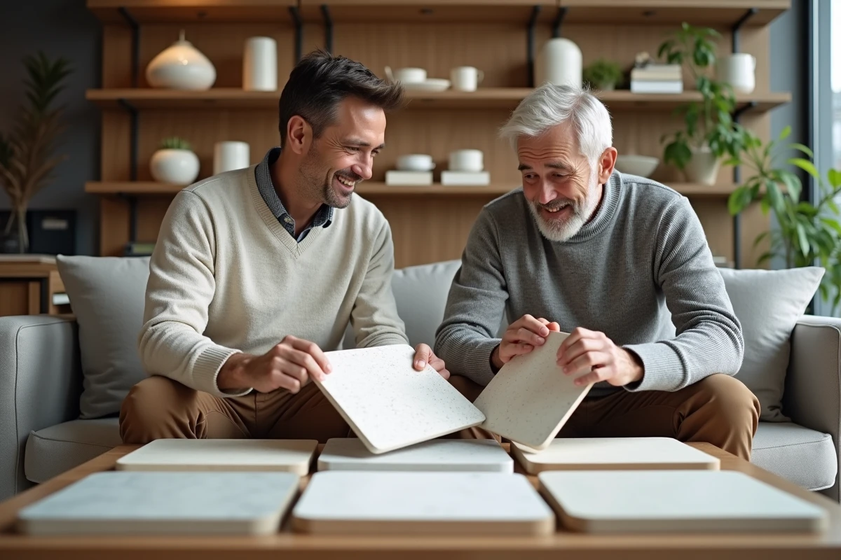 Deux hommes discutent des &eacute;chantillons de tapis en diatomite