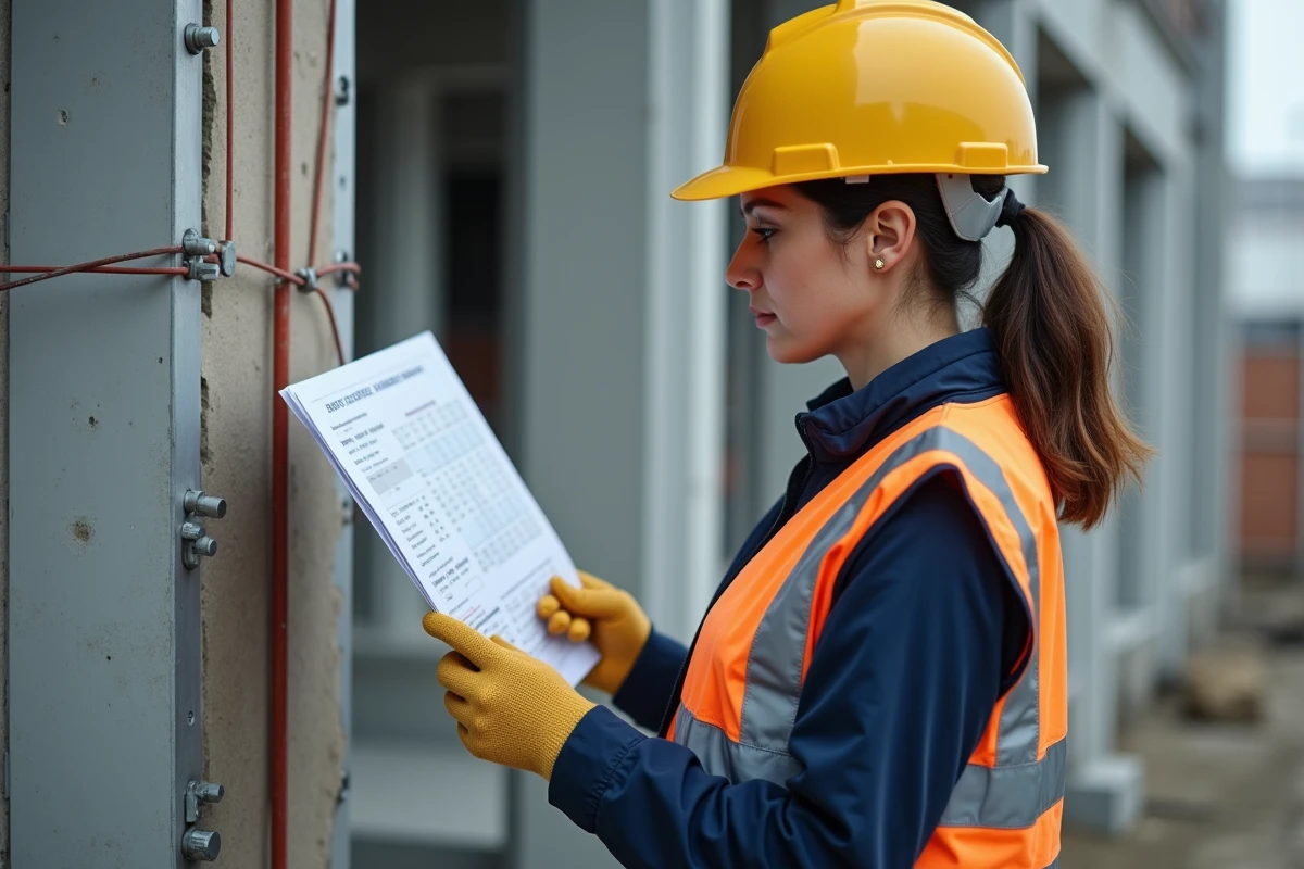 Ingénieure en structure consultant un tableau de charges admissibles pour des ancrages chimiques sur un chantier de construction