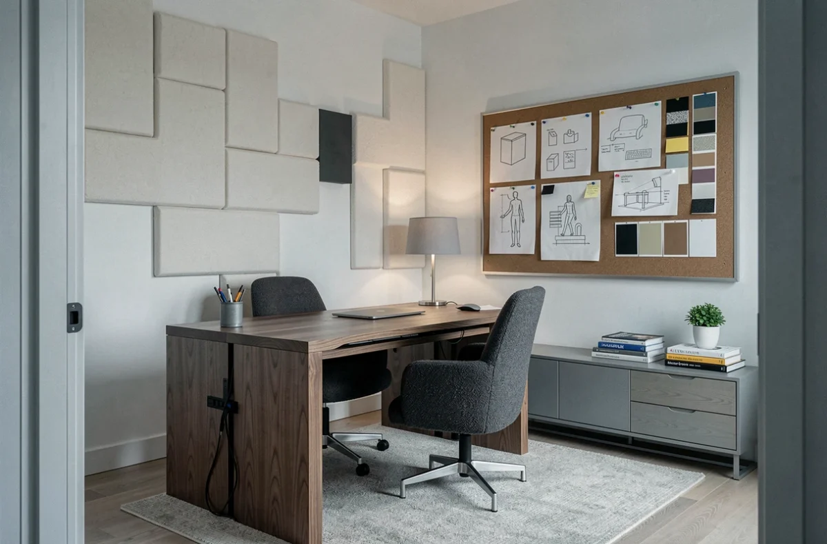 Bureau à domicile innovant avec bureau en chêne fumé, panneaux acoustiques en feutre et fauteuil en bouclé charbon, réalisé par Innov'Art