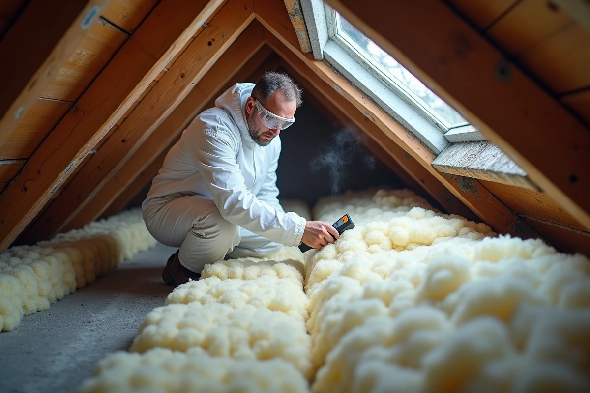 Technicien inspectant l'isolation thermique d'un grenier lors d'un audit &eacute;nerg&eacute;tique de logement