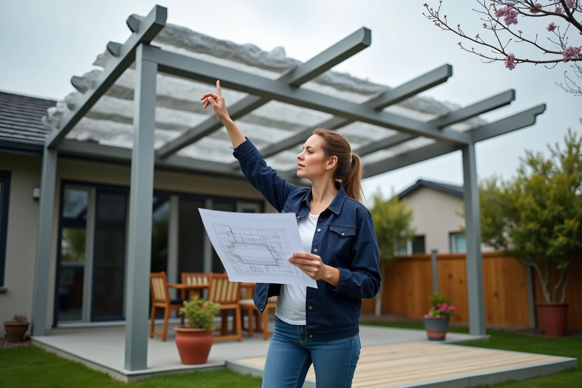 Femme inspectant une pergola en aluminium terminée avec plans techniques à la main dans un jardin