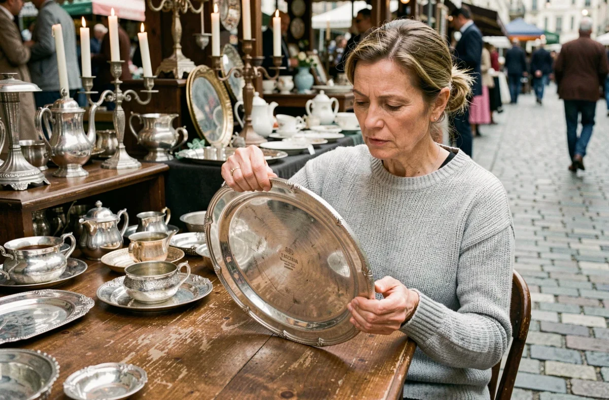 Femme inspectant le revers d'un plateau en métal argenté pour trouver un poinçon dans un marché aux puces brocante