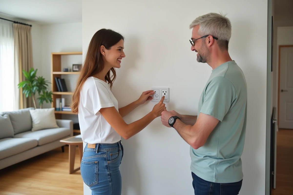 Jeune femme pointant une prise électrique avec un inspecteur dans le salon