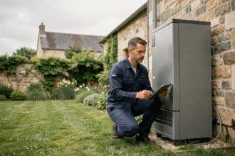 Technicien installateur de pompe à chaleur en Centre-Val de Loire inspectant une unité extérieure sur une maison en pierre