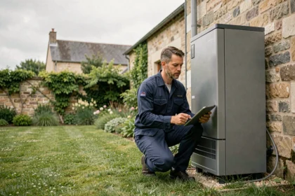 Technicien installateur de pompe à chaleur en Centre-Val de Loire inspectant une unité extérieure sur une maison en pierre