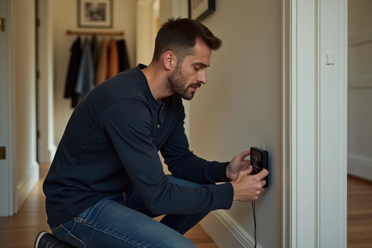 Homme installant un boîtier domotique Ancronix dans le couloir d'une maison familiale