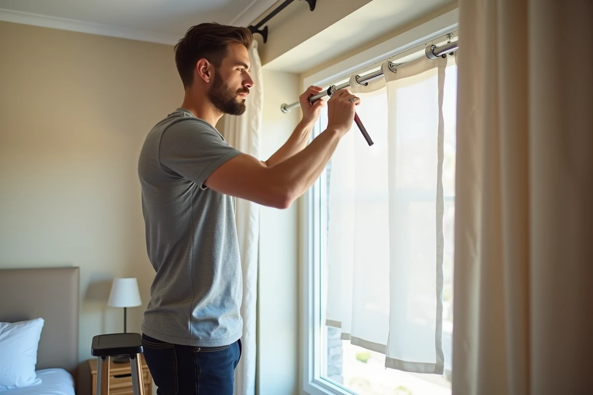 Personne installant un kit tringle à rideau double pour voilage et occultant dans une chambre à coucher