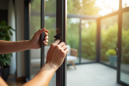 Installation d'une moustiquaire moderne sur une grande porte vitrée