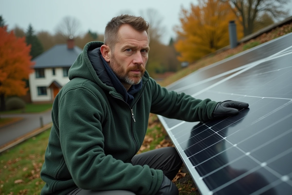 Technicien installant des panneaux solaires photovoltaïques sur le toit d'une maison basse consommation en milieu périurbain