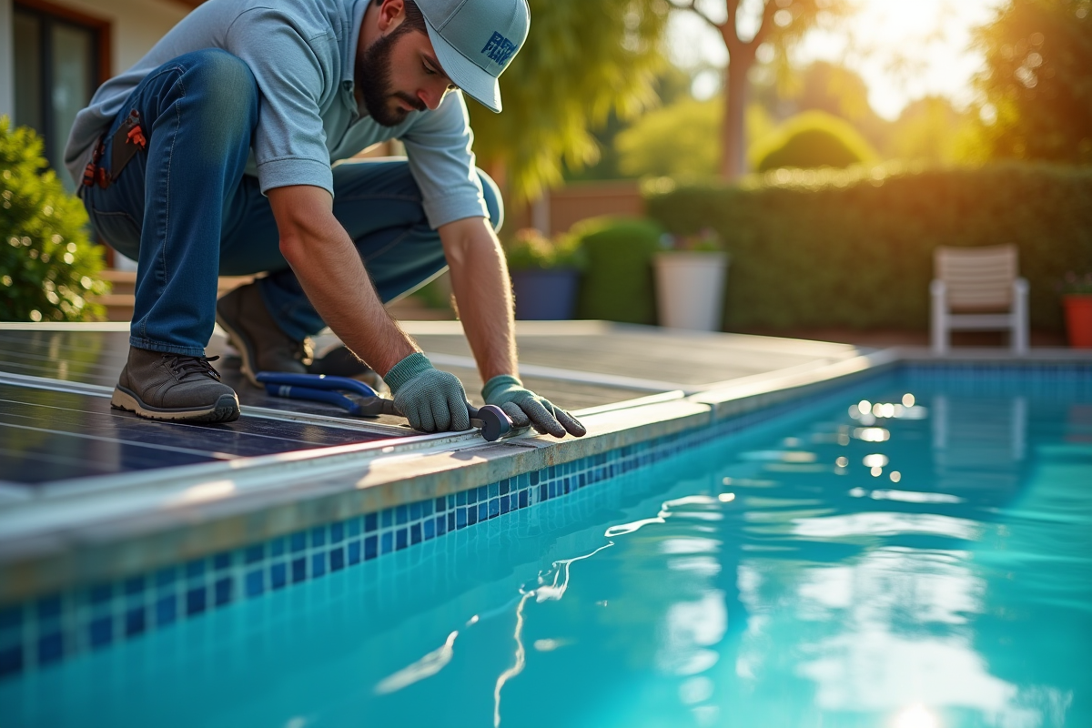 Technicien installant panneaux solaires près de la piscine ensoleillée