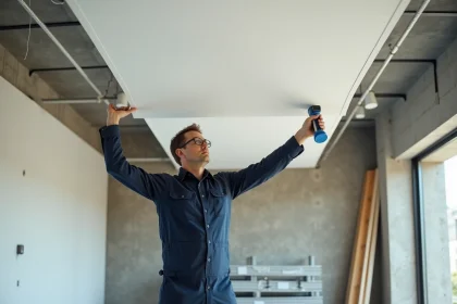 Installateur professionnel posant un plafond tendu blanc dans un local commercial en rénovation