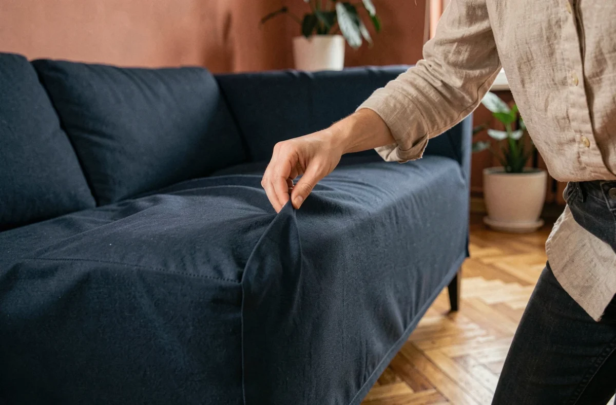 Femme installant un protège canapé d'angle bleu marine sur un sofa dans un appartement contemporain