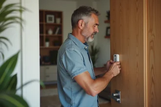 Homme d'âge moyen installant un dispositif de sécurité intérieur