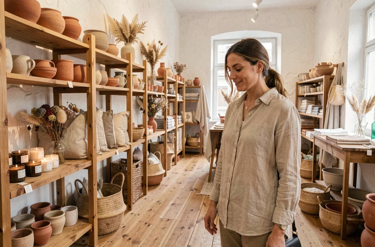 Intérieur chaleureux de la boutique Maison Aimable avec mobilier en bois et produits artisanaux disposés sur des étagères