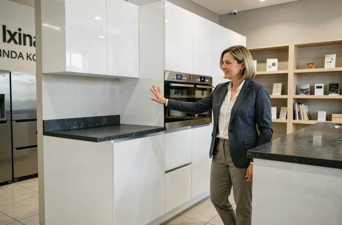 Conseillère en cuisine dans le showroom Ixina de Bourg-en-Bresse présentant un modèle de cuisine blanche moderne