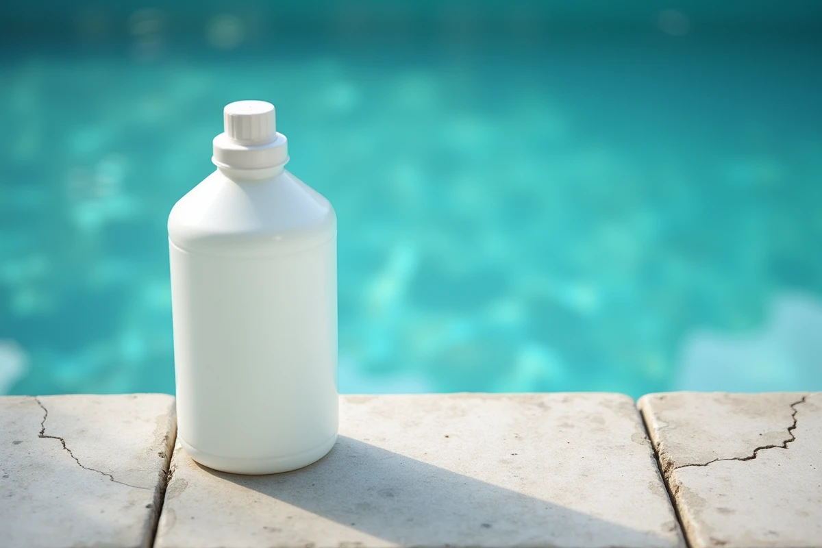 Bouteille d'eau de Javel posée au bord d'une piscine avec résidus de liquide sur le béton
