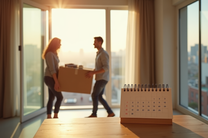 Jeune couple portant des cartons dans un appartement lumineux