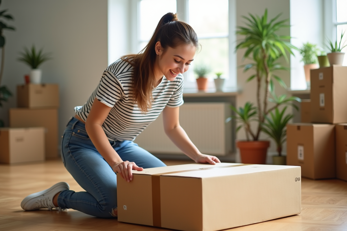 Jeune femme emballant une boîte en carton dans un appartement lumineux