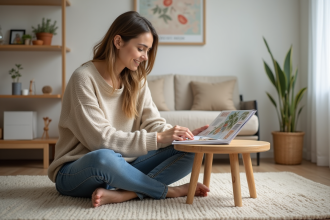 Jeune femme assise sur un tapis dans un salon lumineux