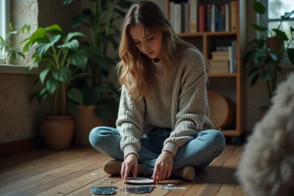 Jeune femme regardant un miroir cassé dans sa chambre